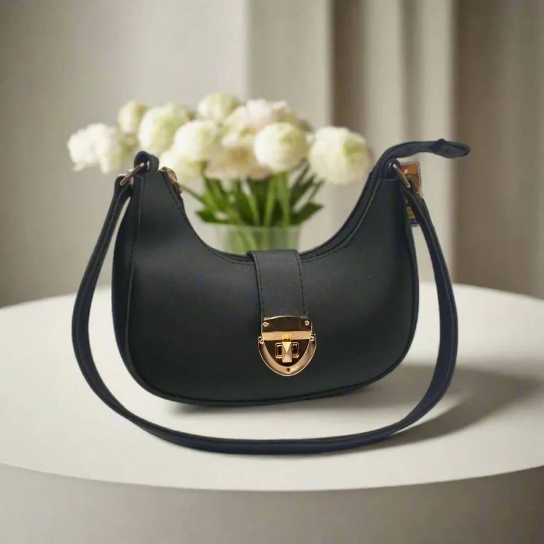Crescent Leather Luxury Shoulder Bag for Women | Black